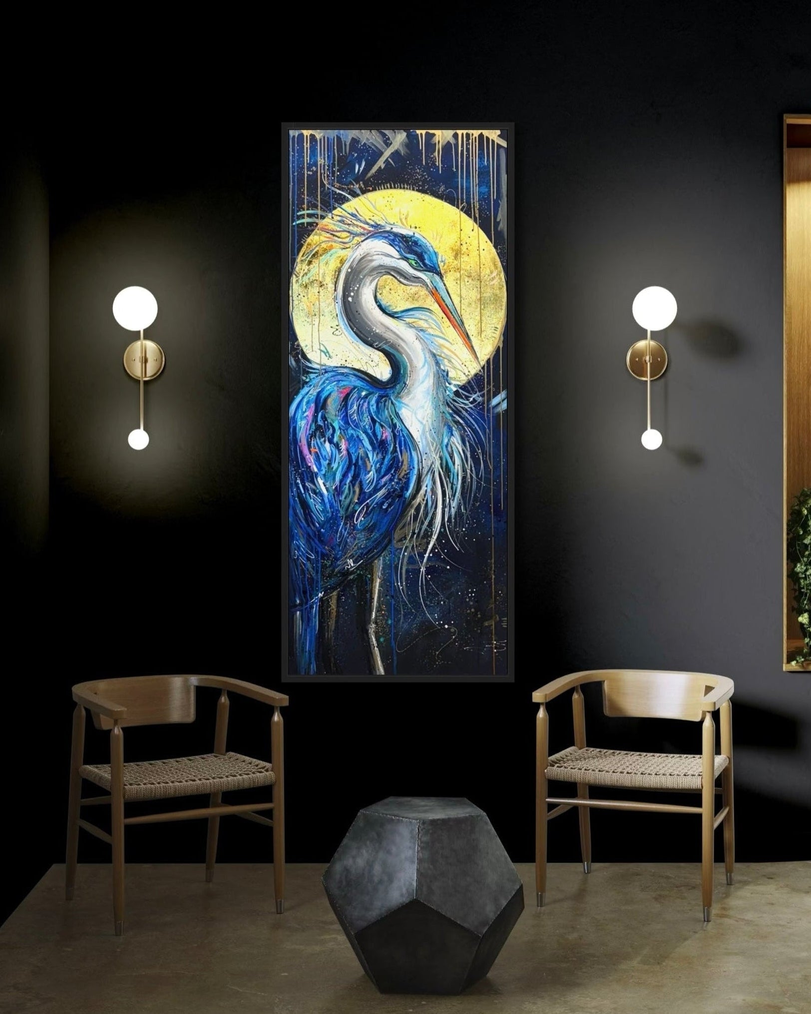 Modern interior with a large abstract painting of a blue heron, two chairs, and a geometric sculpture.